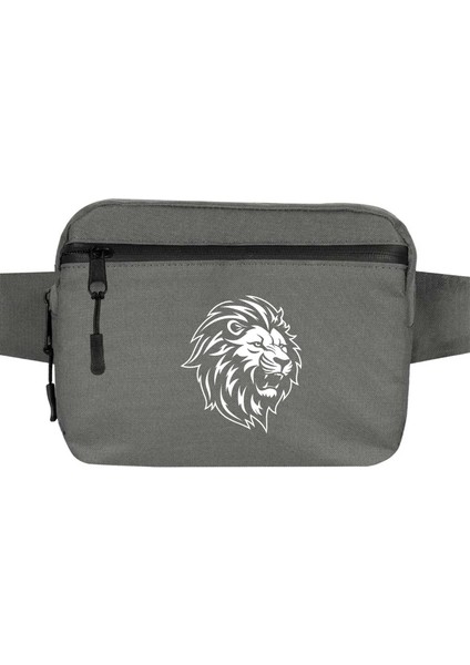 Black And White Lion Bel Çantası Fermuarlı Gri Renk