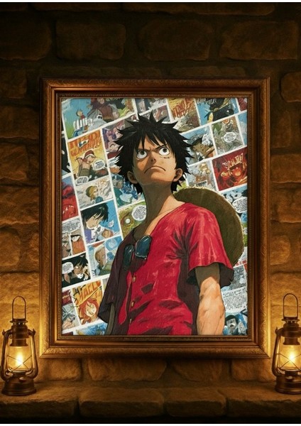 One Piece – Monkey D. Luffy Poster Tasarım Altın Çerçeveli Dekoratif Duvar Tablosu
