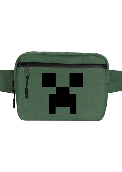 Mine-Craft Creeper Face Bel Çantası Fermuarlı Yeşil Renk