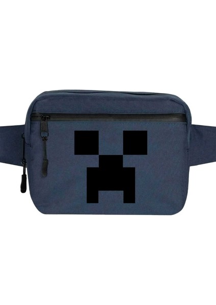Mine-Craft Creeper Face Bel Çantası Fermuarlı Lacivert Renk