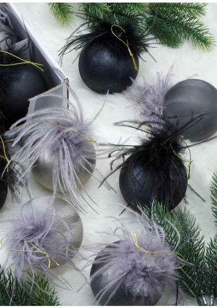 Yılbaşı Topu Tüylü Desenli Siyah 8cm fiyatları