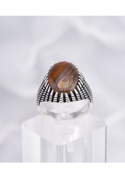 Kahverengi Doğal Taşlı Dokulu 925 Ayar Gümüş Erkek Yüzük – Özgün ve Karizmatik Tasarım fiyatları