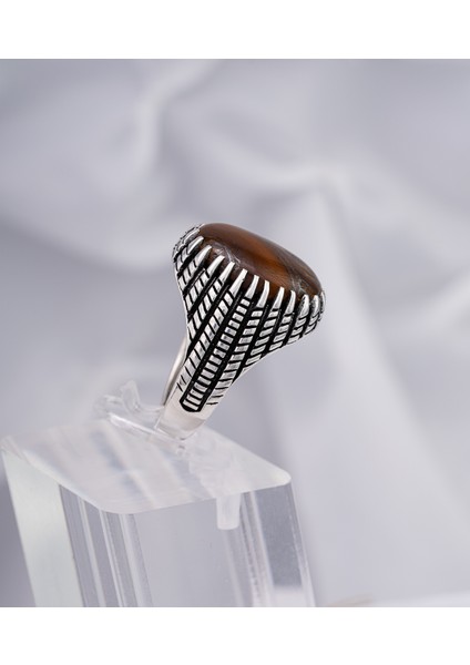 Kahverengi Doğal Taşlı Dokulu 925 Ayar Gümüş Erkek Yüzük – Özgün ve Karizmatik Tasarım modelleri