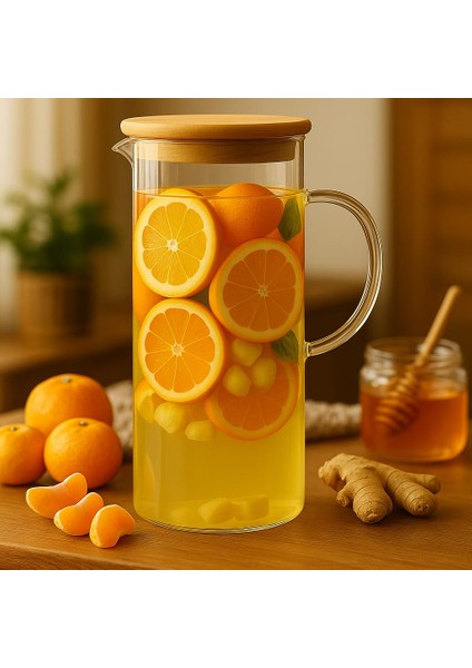 Borosilikat Cam Sürahi Bambu Kapaklı 1500ML