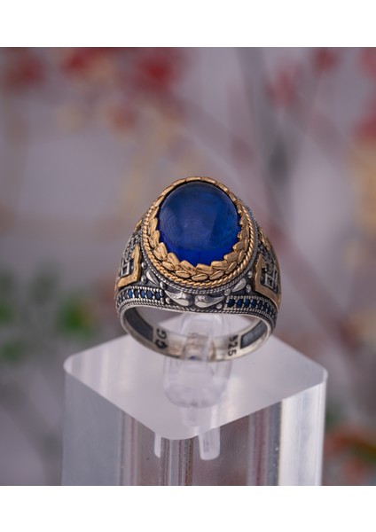 Lacivert Doğal Taşlı Altın Detaylı 925 Ayar Gümüş Erkek Yüzük – Gösterişli ve Asil Tasarım