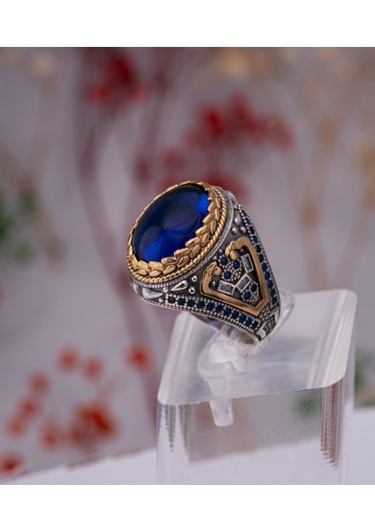 Lacivert Doğal Taşlı Altın Detaylı 925 Ayar Gümüş Erkek Yüzük – Gösterişli ve Asil Tasarım modelleri