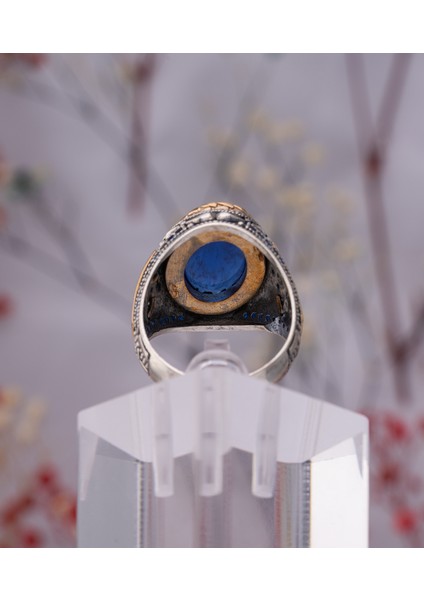 Lacivert Doğal Taşlı Altın Detaylı 925 Ayar Gümüş Erkek Yüzük – Gösterişli ve Asil Tasarım fırsatları