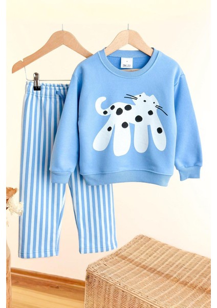 Kedicik Baskılı Çizgi Detaylı Unisex çocuk takım - Bebe Mavisi