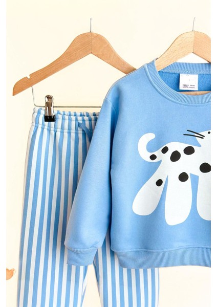 Kedicik Baskılı Çizgi Detaylı Unisex çocuk takım - Bebe Mavisi modelleri
