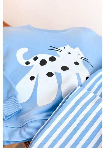 Kedicik Baskılı Çizgi Detaylı Unisex çocuk takım - Bebe Mavisi fırsatları