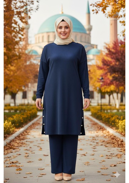 Hesna Kadın Benan Fitili Düğmeli Spor Indigo Tunik Pantolon Takım