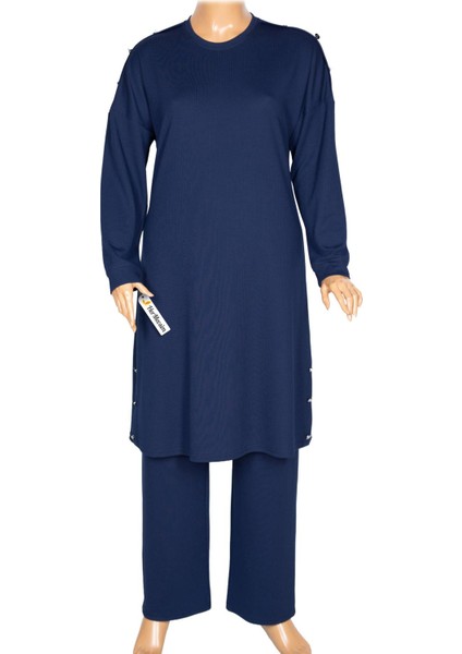 Hesna Kadın Benan Fitili Düğmeli Spor Indigo Tunik Pantolon Takım modelleri