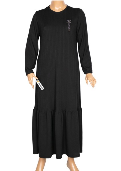 Hesna Kadın Derya Fitilli Doku Eteği Farbalı Broşlu Siyah Elbise modelleri