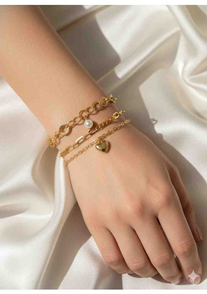 ​🌟 3'lü Kalp ve Inci Detaylı Gold Zincir Bileklik Seti