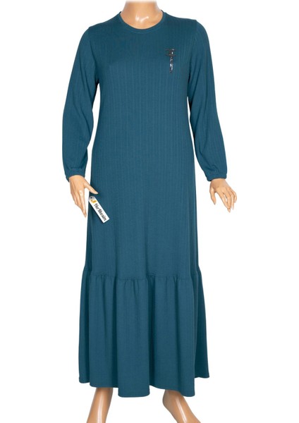 Hesna Kadın Derya Fitilli Doku Eteği Farbalı Broşlu Petrol Elbise modelleri