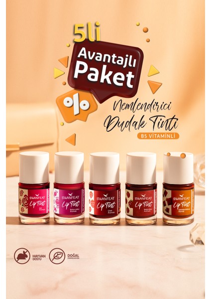 Lip Tint 5li Avantajlı Paket B5 Vitaminli Nemlendirici Fuşya, Pembe, Kırmızı, Bordo, Kahverengi