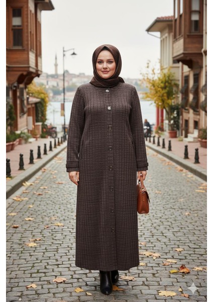 Hesna Kadın Nurel Büyük Beden Kışlık Kare Çıtçıtlı Kahve Pardesü