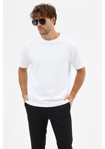 Erkek Premium Kalite Yoğun Dokulu Pamuklu T-Shirt Beyaz M101-R0220-01