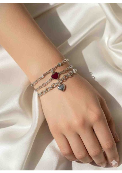 ​🖤 3'lü Kalp Detaylı Silver Zincir Bileklik Seti