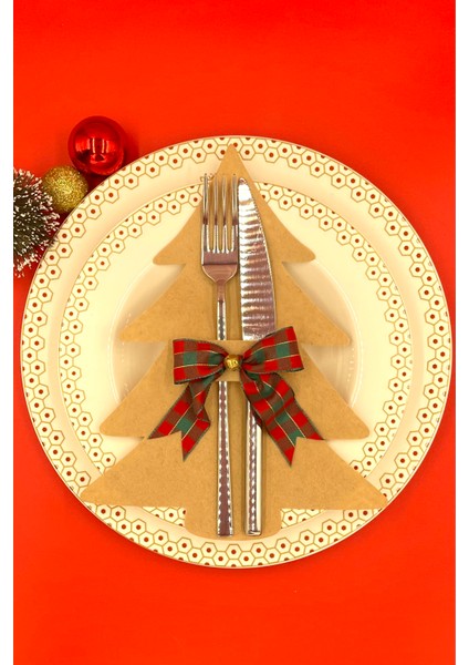 2 Adet Krem Bej Keçe Çam Ağacı Kurdele ve Zil Aksesuarlı Yılbaşı Sofrası Çatal Bıçaklık Servis Seti