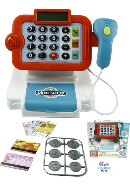 14 Parça Sesli Işıklı Hesap Makineli Barkod Okuyuculu Yazar Kasa Market Yazarkasa Pos Kırmızı Mavi