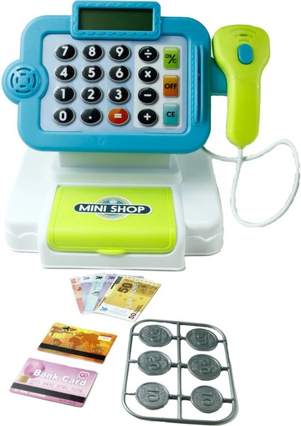 14 Parça Sesli Işıklı Hesap Makineli Barkod Okuyuculu Yazar Kasa Market Yazarkasa Pos Kırmızı Mavi