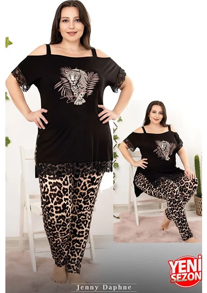 Lady Viskon Kumaş Büyük Beden Leopar Desenli Omuz Detaylı Kısa Kollu Uzun Pijama Takımı