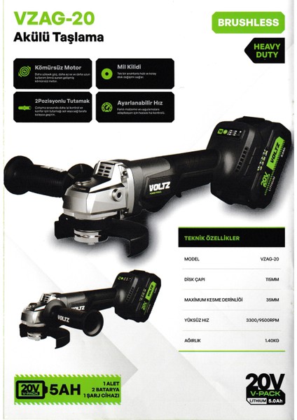 Voltz Vzag-20 Akülü Avuç Taşlama Kademeli Hız Kömürsüz 20 V 5.0 Ah fiyatları
