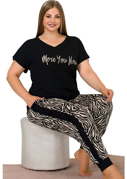Lady Viskon Kumaş Büyük Beden Zebra Desenli Kısa Kollu Uzun Pijama Takımı