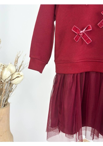 Kız Çocuk Tüllü ve pamuk astarlı Kadife Fiyonklu Kırmızı Sweetshirt Elbise %100 Pamuk Fırçalı Kumaş 3 Iplik Kışlık 2-8 Yaş fiyatları