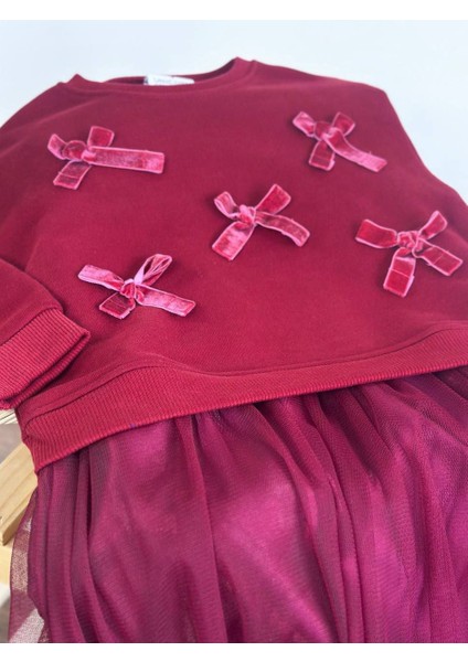 Kız Çocuk Tüllü ve pamuk astarlı Kadife Fiyonklu Kırmızı Sweetshirt Elbise %100 Pamuk Fırçalı Kumaş 3 Iplik Kışlık 2-8 Yaş modelleri