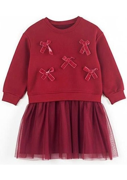 Kız Çocuk Tüllü ve pamuk astarlı Kadife Fiyonklu Kırmızı Sweetshirt Elbise %100 Pamuk Fırçalı Kumaş 3 Iplik Kışlık 2-8 Yaş fırsatları