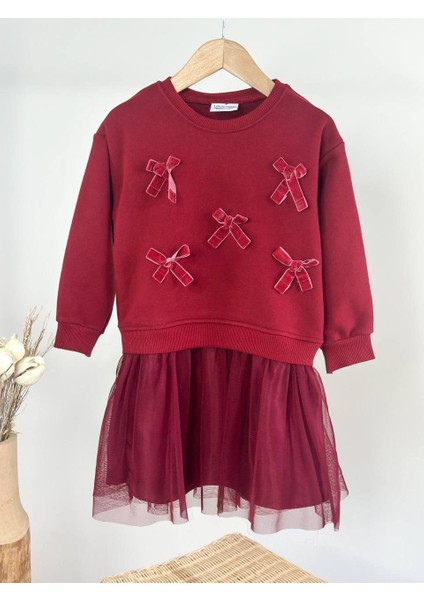 Kız Çocuk Tüllü ve pamuk astarlı Kadife Fiyonklu Kırmızı Sweetshirt Elbise %100 Pamuk Fırçalı Kumaş 3 Iplik Kışlık 2-8 Yaş indirimleri