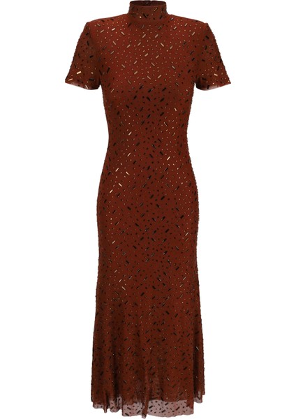 Otoportreself-Portrait Özel Tasarım Kare Taşlı Midi Elbise, Taş Işlemeli Tül Kahve Elbise