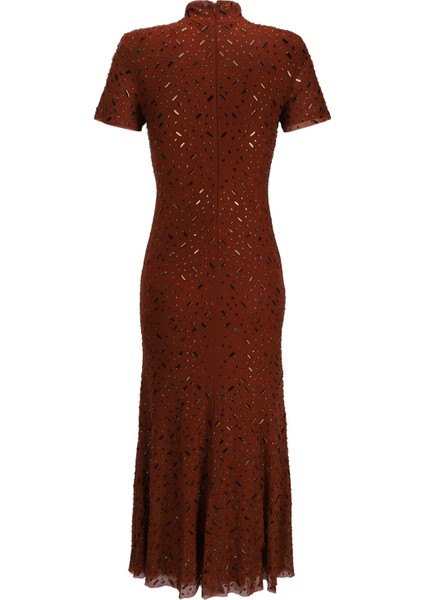 Otoportreself-Portrait Özel Tasarım Kare Taşlı Midi Elbise, Taş Işlemeli Tül Kahve Elbise fiyatları