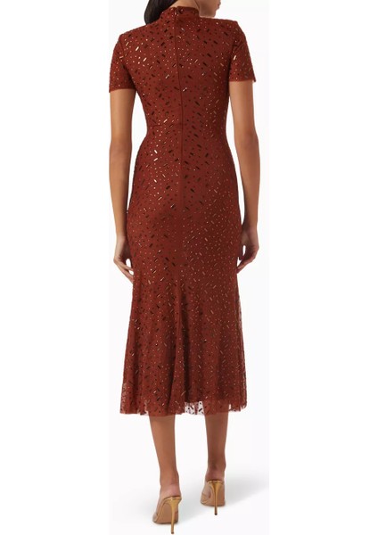 Otoportreself-Portrait Özel Tasarım Kare Taşlı Midi Elbise, Taş Işlemeli Tül Kahve Elbise modelleri