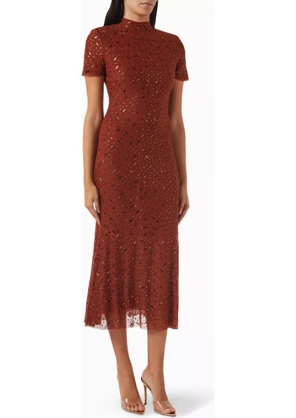 Otoportreself-Portrait Özel Tasarım Kare Taşlı Midi Elbise, Taş Işlemeli Tül Kahve Elbise fırsatları