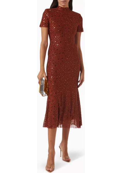 Otoportreself-Portrait Özel Tasarım Kare Taşlı Midi Elbise, Taş Işlemeli Tül Kahve Elbise indirimleri