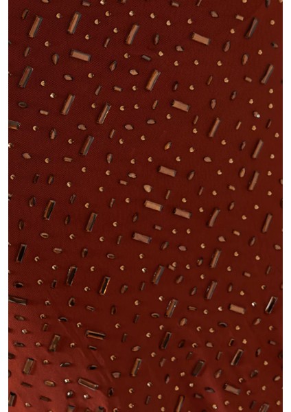 Otoportreself-Portrait Özel Tasarım Kare Taşlı Midi Elbise, Taş Işlemeli Tül Kahve Elbise