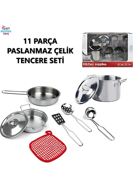 Metal Paslanmaz Çelik 11 Parça Oyuncak Kabartmalı Tencere Tava Seti Aksesuarlı Mutfak Tencere Seti