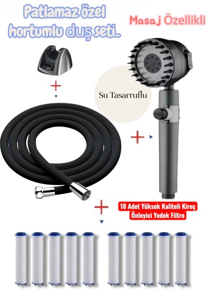 10 Adet Yedek Filtreli Su Tasarruflu Masaj Duş Başlığı Seti(Patlamaz Hortum)