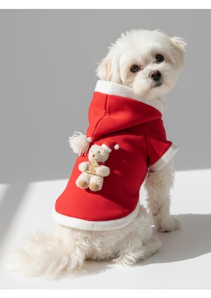 Snow Bear Kırmızı Xmas Köpek Kıyafeti | Kapüşonlu Polar Noel Sweatshirt | Küçük Irklar Için