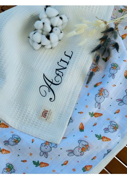 Ftbabycollection Çift Taraflı Kişiye Özel Isim Nakışlı Waffle Pike & Müslin Bebek BATTANIYESI 90X100 CM