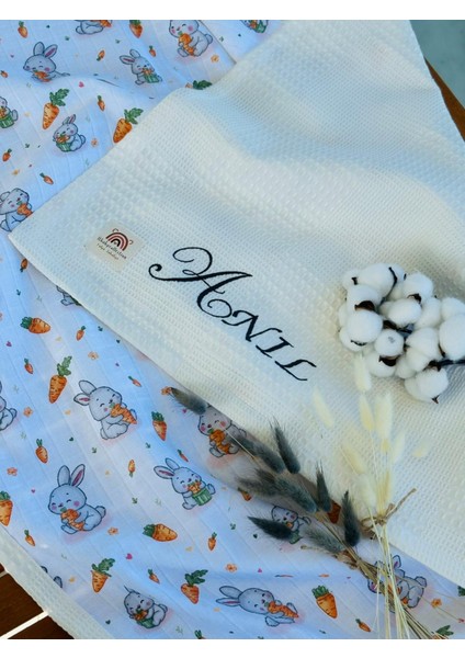 Ftbabycollection Çift Taraflı Kişiye Özel Isim Nakışlı Waffle Pike & Müslin Bebek BATTANIYESI 90X100 CM