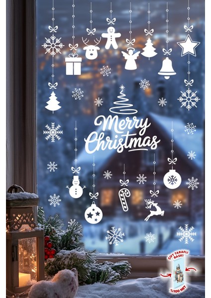 Yılbaşı Cam Süsü Sticker Seti – Merry Christmas Çift Taraflı Baskı 42 Kar Tanesi ve 34 Parça Figür
