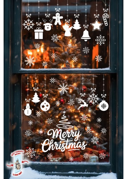 Yılbaşı Cam Süsü Sticker Seti – Merry Christmas Çift Taraflı Baskı 42 Kar Tanesi ve 34 Parça Figür modelleri