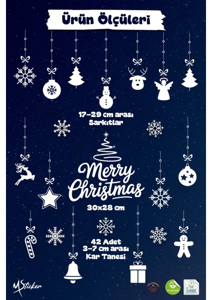Yılbaşı Cam Süsü Sticker Seti – Merry Christmas Çift Taraflı Baskı 42 Kar Tanesi ve 34 Parça Figür indirimleri