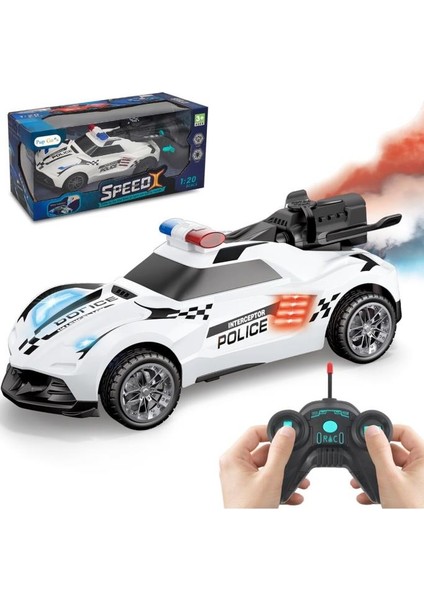 Oyuncak 1:20 Uzaktan Kumandalı Şarjlı Duman Çıkartan Işıklı Araba Buhar Çıkartan Drift Atan Polis Arabası