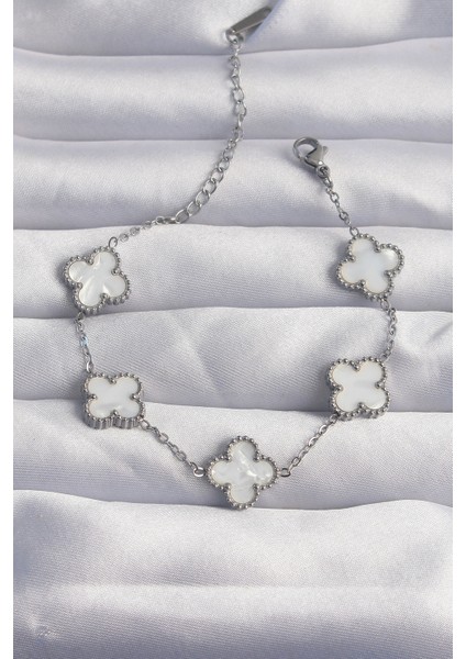 316L Çelik Gümüş Renk Beyaz Sedefli Yonca Bileklik - TJ-BB6261