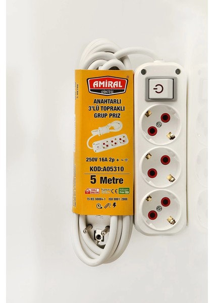 Amiral 3' Lü Topraklı Anahtarlı 5 Metre Kablolu Grup Priz fiyatları